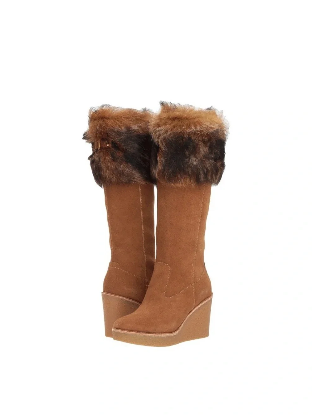 UGG Valberg Chestnut Suede Leather Fur Wedge Boots Tall Size 9 NWOB